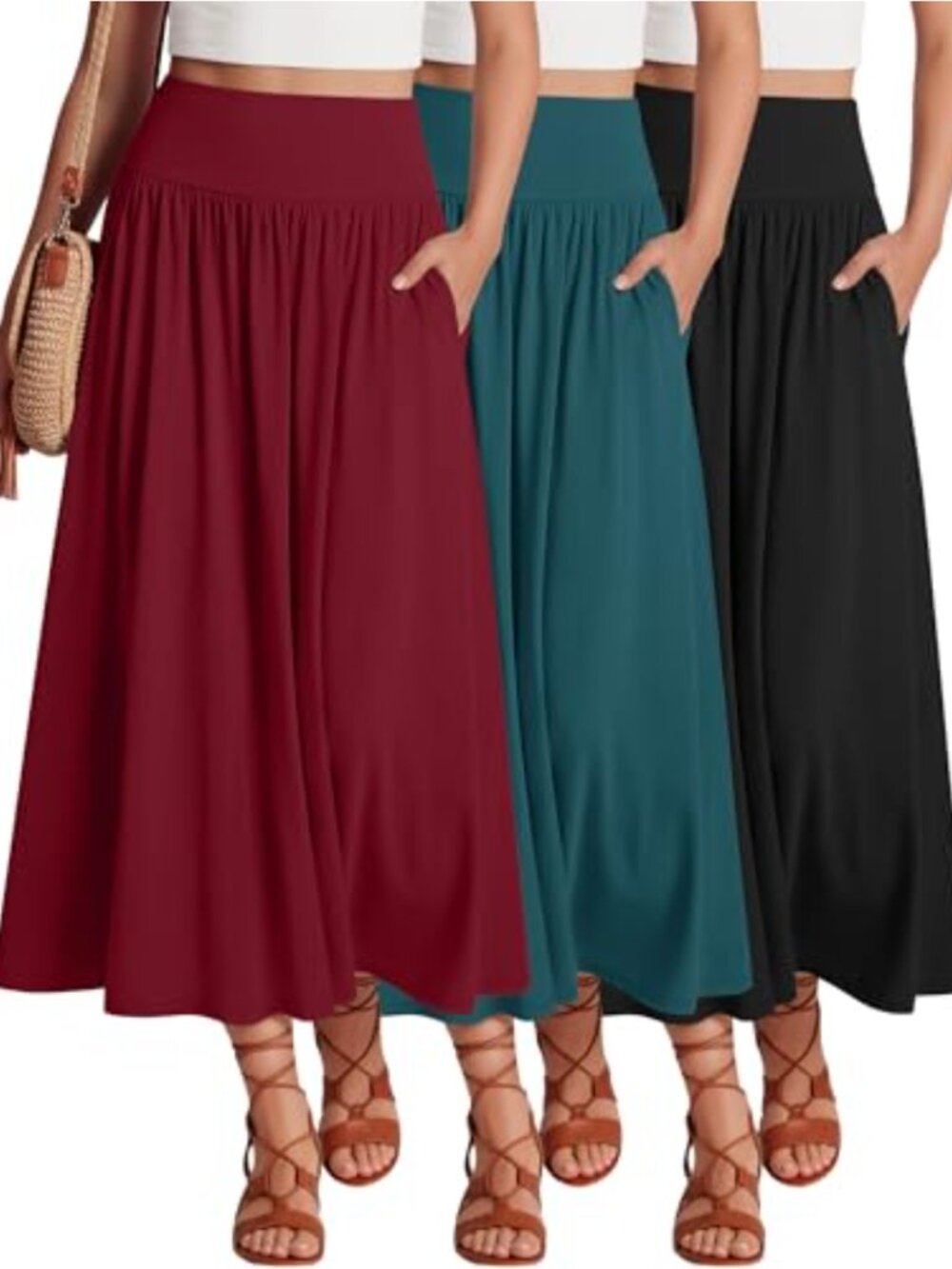 3 Pack Maxi Long Skirts for Women Pleated A-Line Ankle Length with Pockets